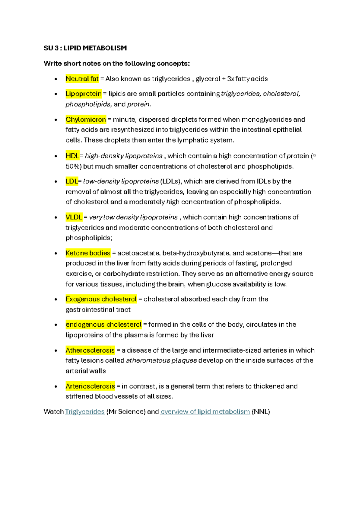 SU 3 - STUDY UNIT 3 NOTES LIPID METABOLISM - SU 3 : LIPID METABOLISM ...