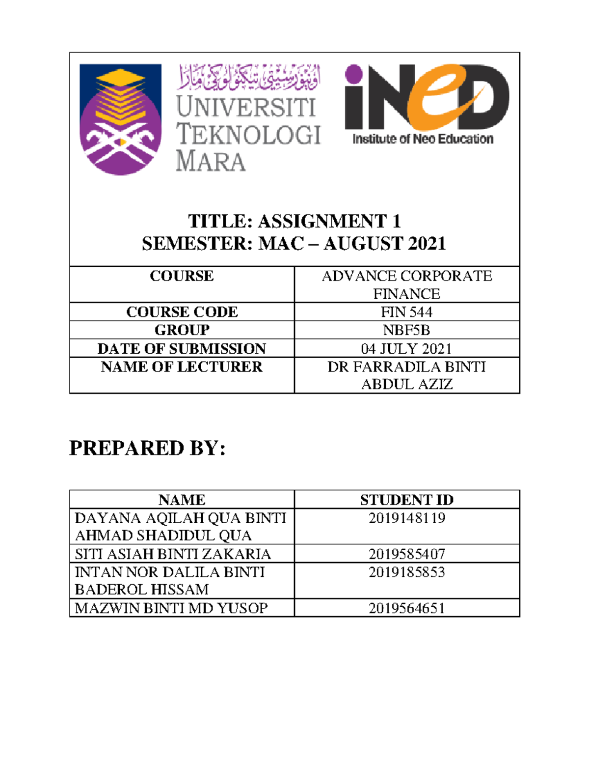 Assignment 1 NBF5B FIN 544 - TITLE: ASSIGNMENT 1 SEMESTER: MAC – AUGUST ...