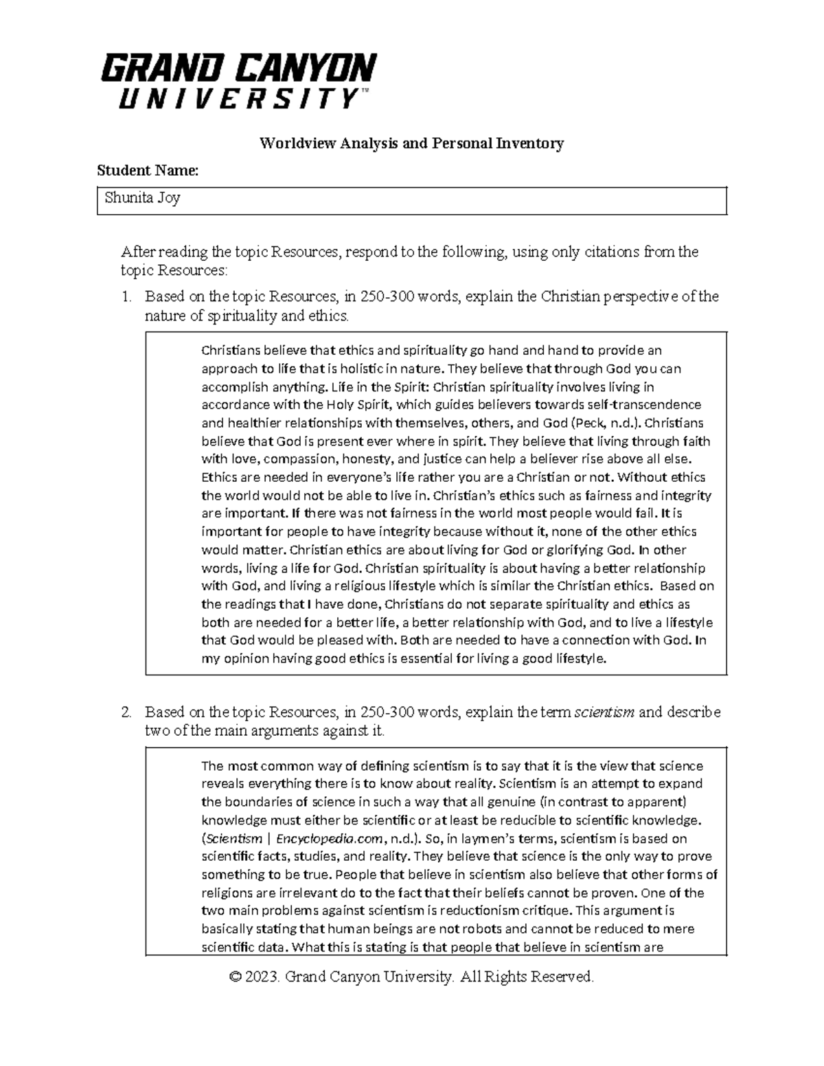 PHI 413V RS T1Worldview Analysis And Personal Inventory - Worldview ...