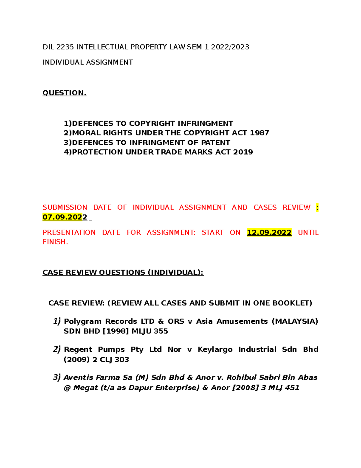 Assignment AND Cases Review Question IP LAW SEM 1 2022 2023 - DIL 2235 ...