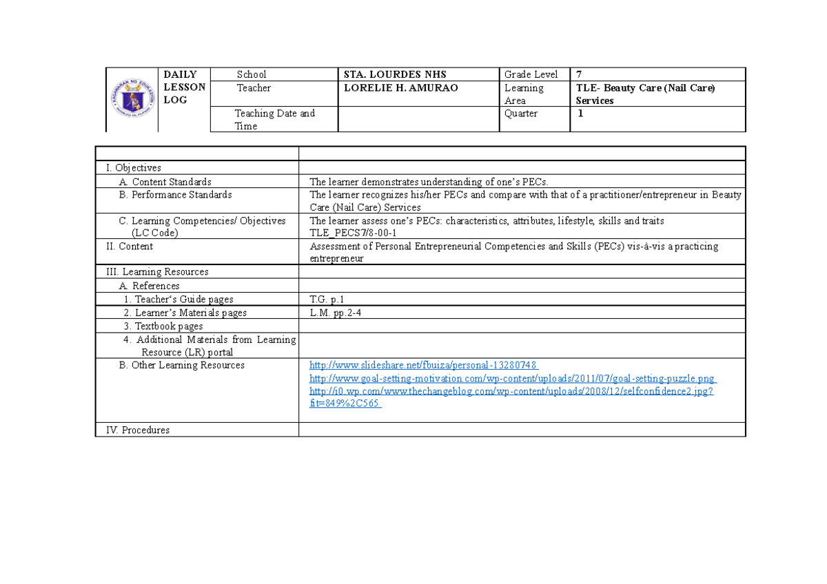 DLL NAIL CARE PECs DLL NailCare PECS DAILY LESSON LOG School STA. LOURDES NHS Grade Level 7