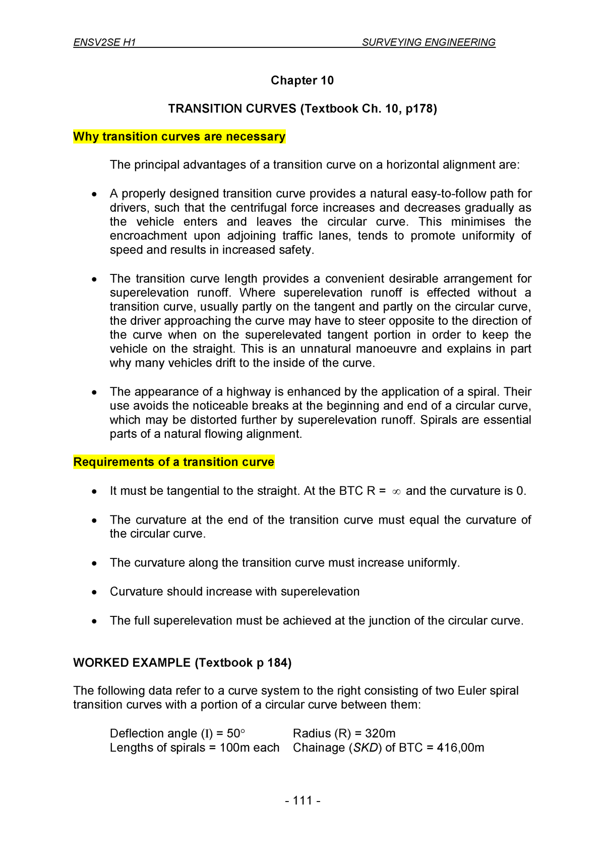 10trans - Lecture Notes 7 - Chapter 10 TRANSITION CURVES (Textbook Ch ...