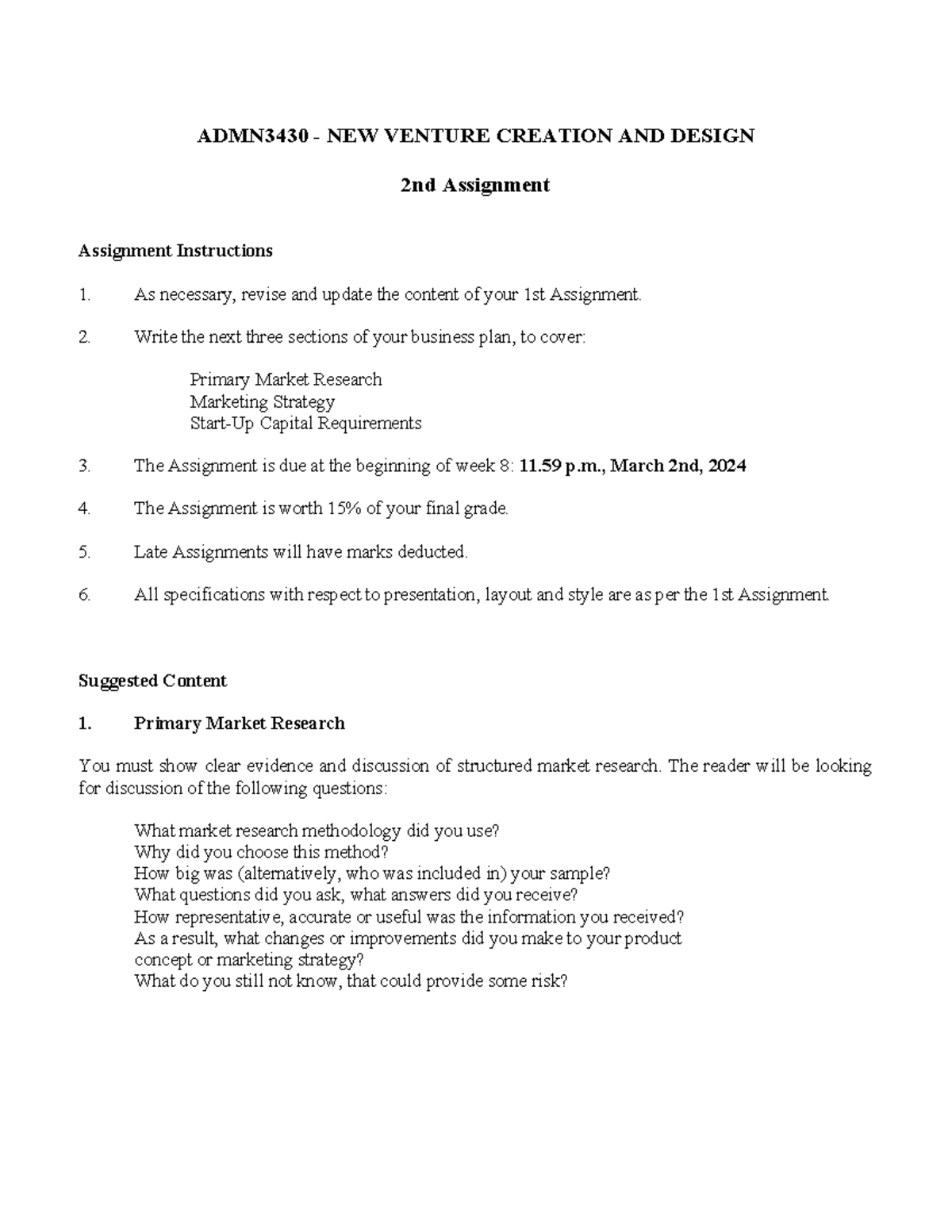 Assignment 2 - spec and template - ADMN3430 - NEW VENTURE CREATION AND ...