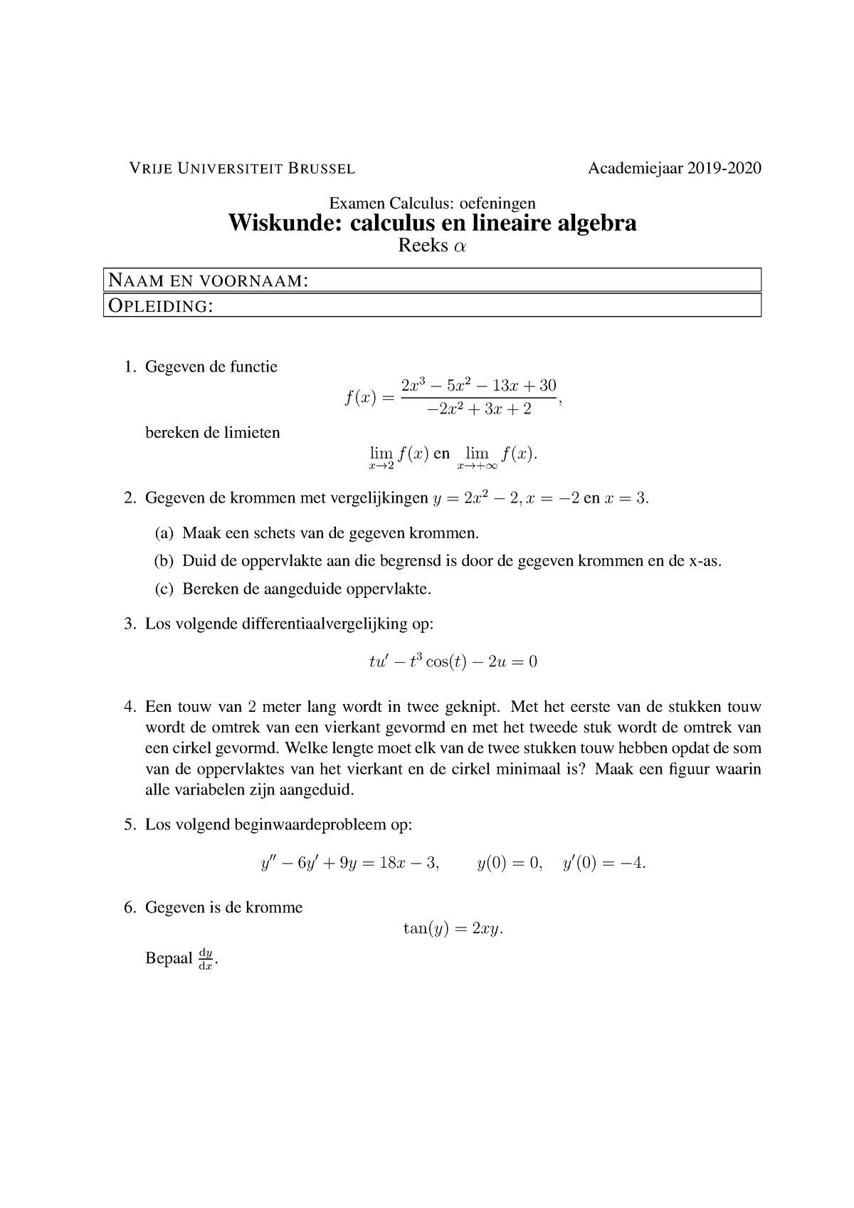 Oefeningen Examen Jan2020 1 - VRIJE UNIVERSITEIT BRUSSEL Academiejaar ...