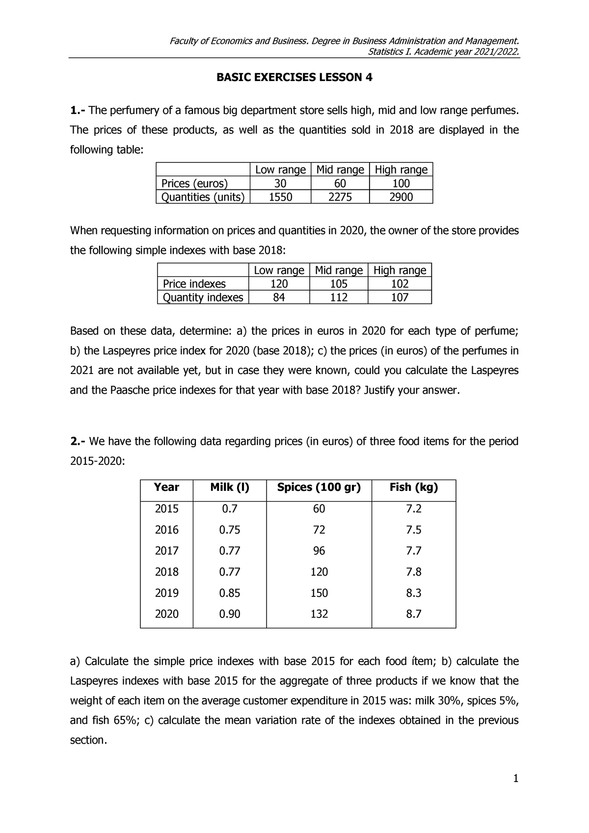 Basic Exercises Lesson 4 2022 Statistics I Academic Year 2021 2022 