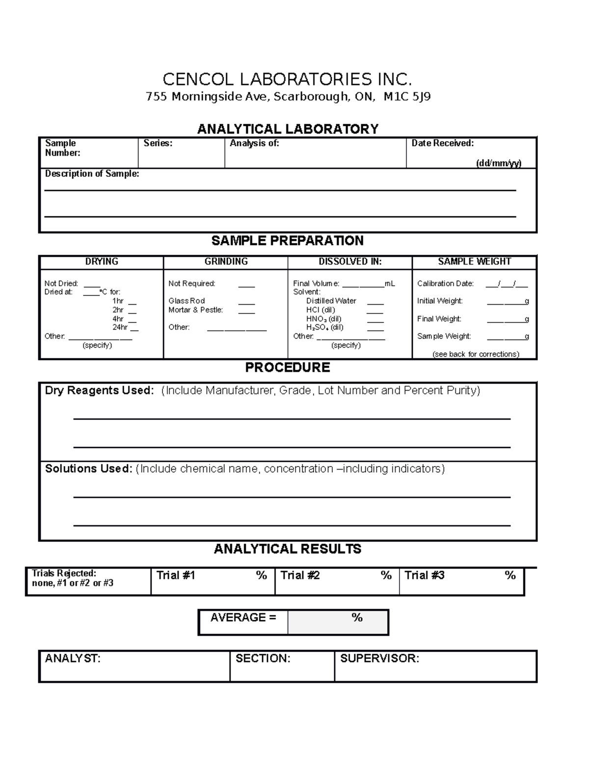 Cencol Laboratories fill in form on word - CENCOL LABORATORIES INC. 755 ...