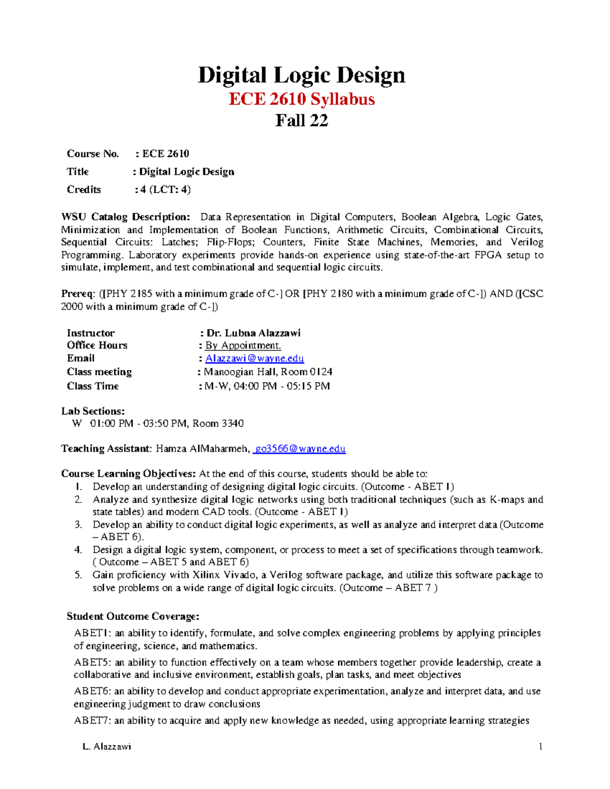 ECE 2610 - Fall 22 - Syllabus - Digital Logic Design ECE 2610 Syllabus ...