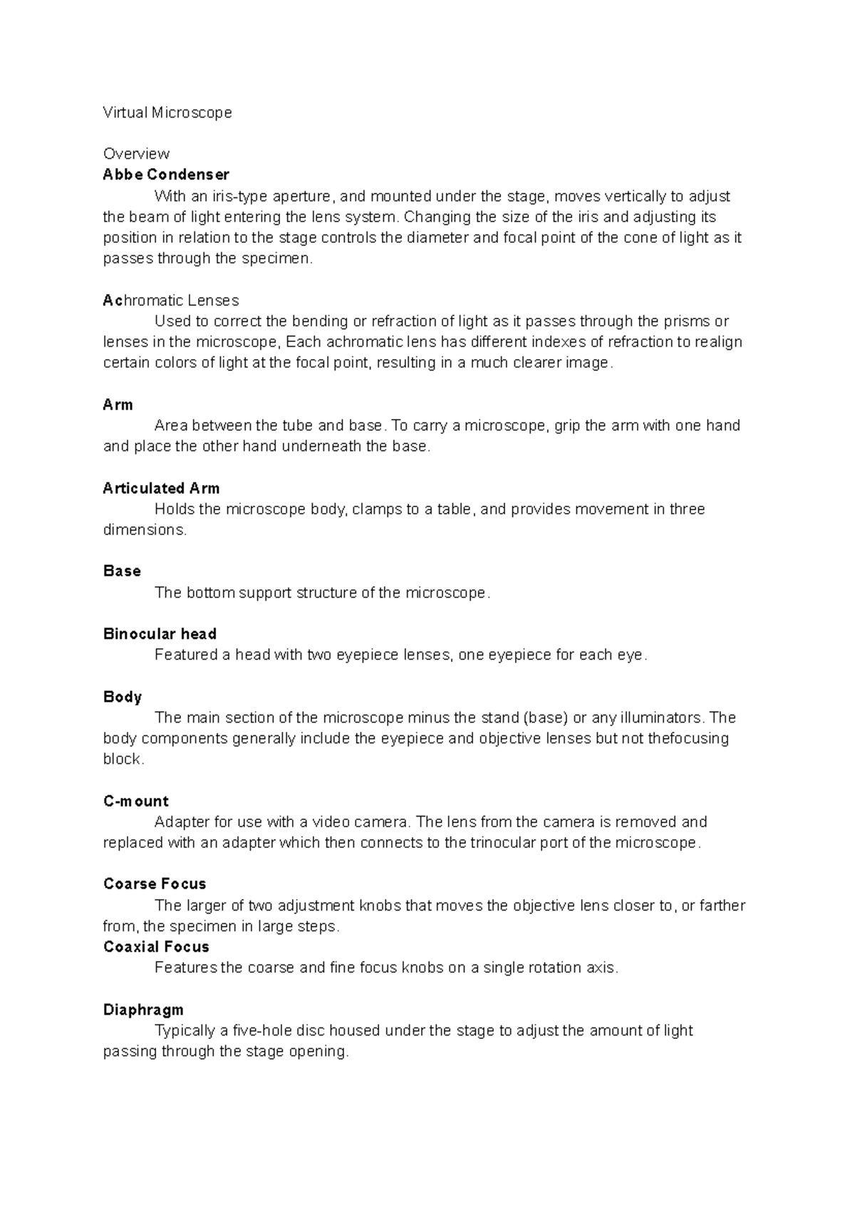 Parts of Microscope Virtual Microscope Overview Abbe Condenser With