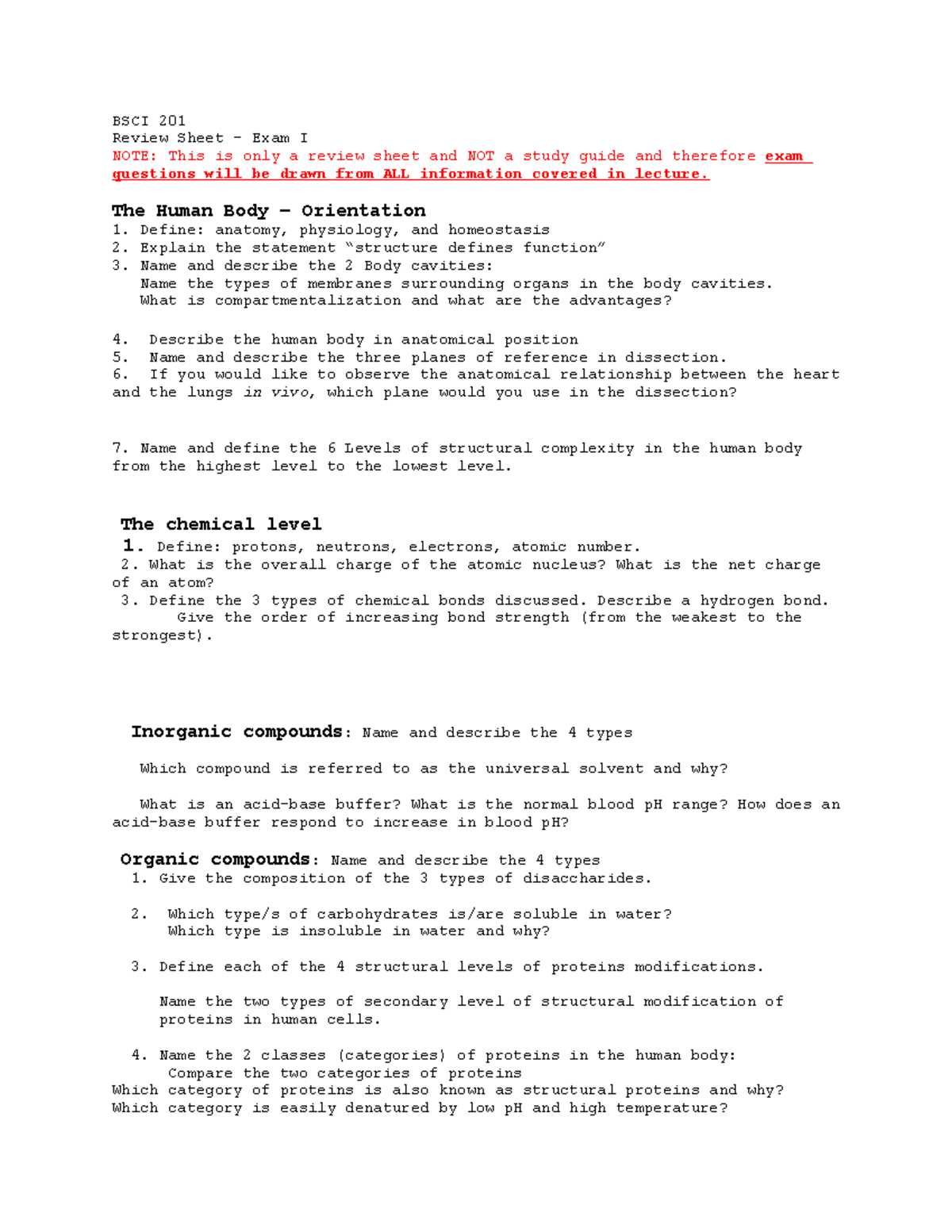 BSCI 201 Exam 1 Review Sheet F22 - BSCI 201 Review Sheet - Exam I NOTE ...