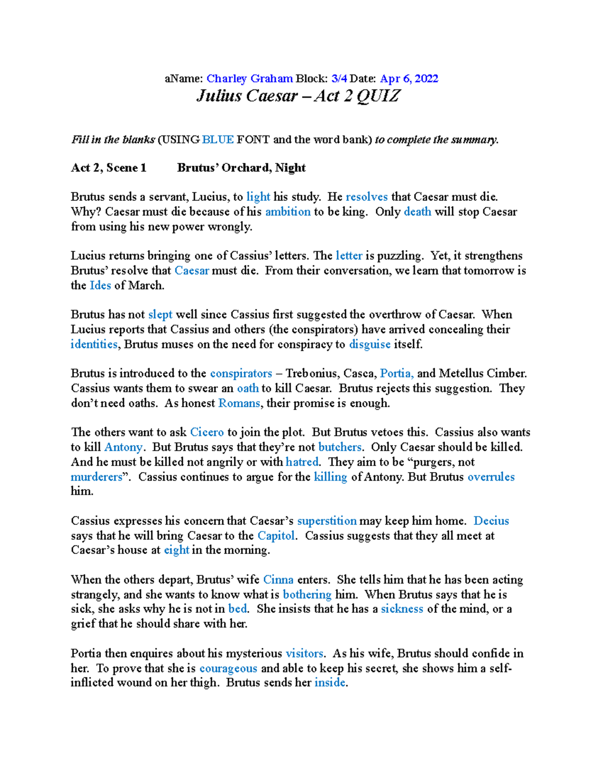 Copy of Julius Caesar Cloze Quiz Act 2.docx-Charley Graham - aName ...