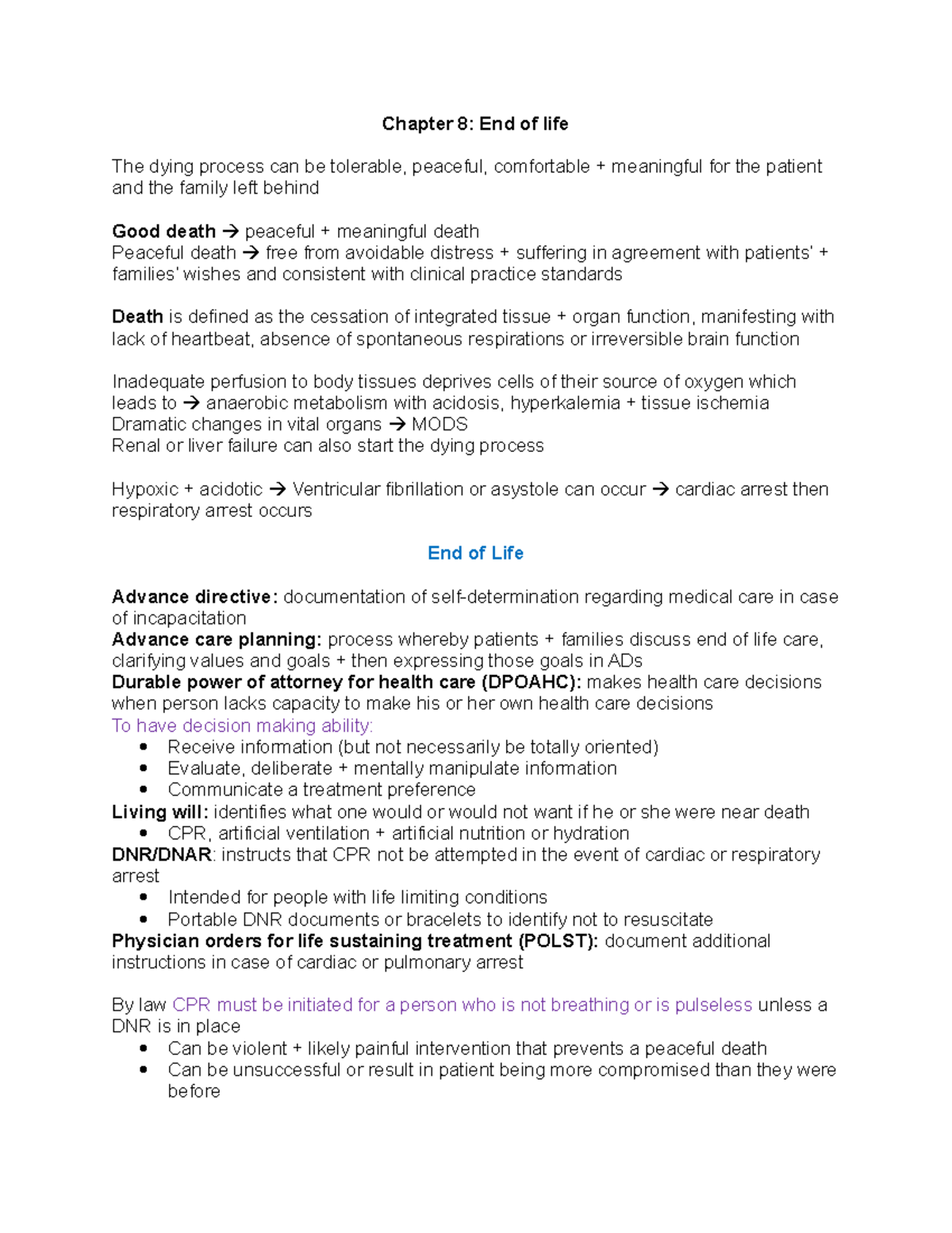 Week 1 notes for class - Chapter 8: End of life The dying process can ...