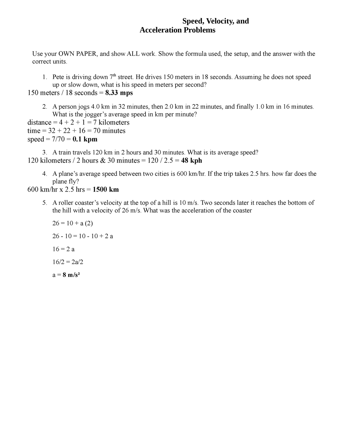 Speed,velocity, and acceleration problems - Speed, Velocity, and In Velocity And Acceleration Calculation Worksheet