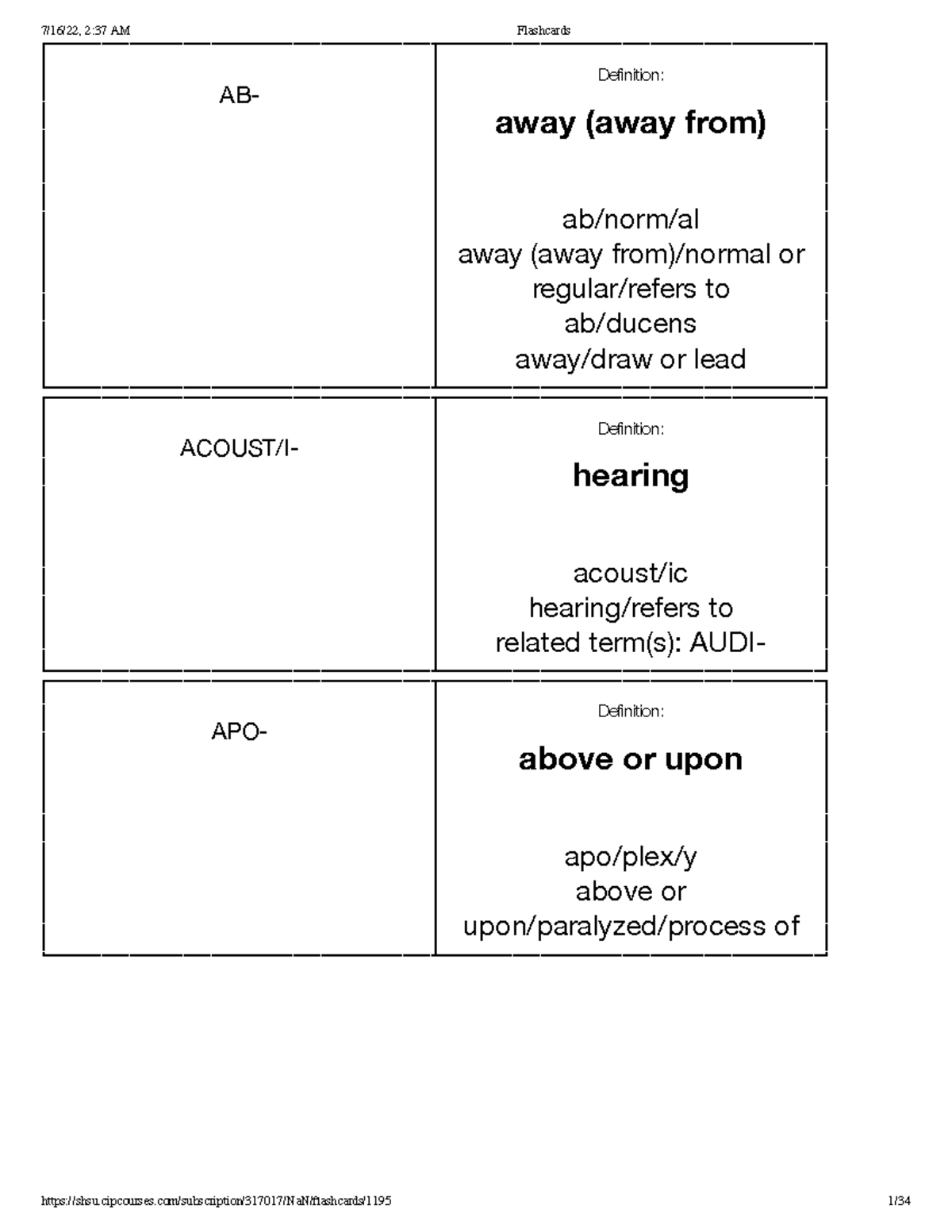Flashcards Pt. 6 AB Definition away (away from) ab/norm/al away