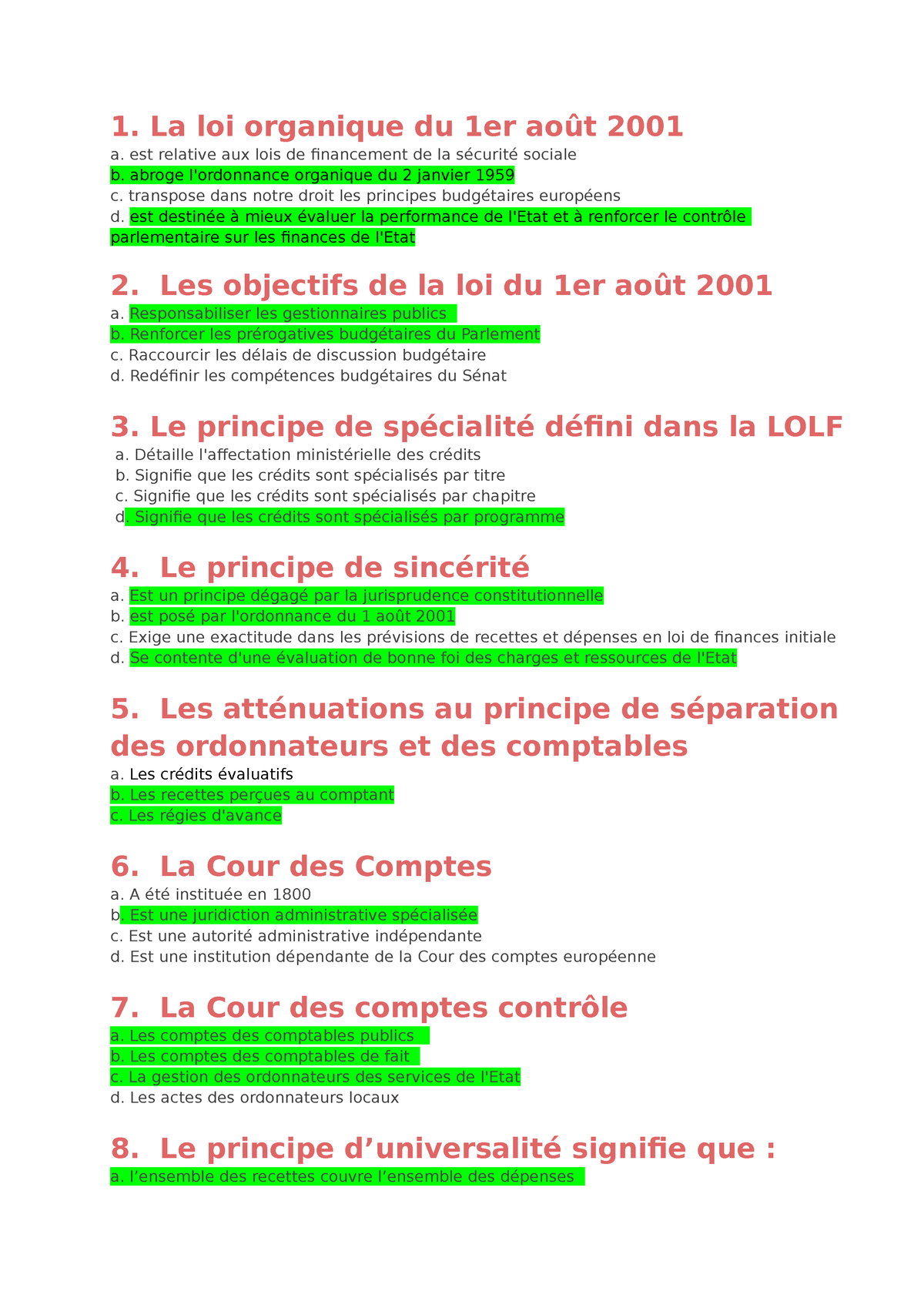 Qcm Finance Public La Loi Organique Du Er Ao T A Est