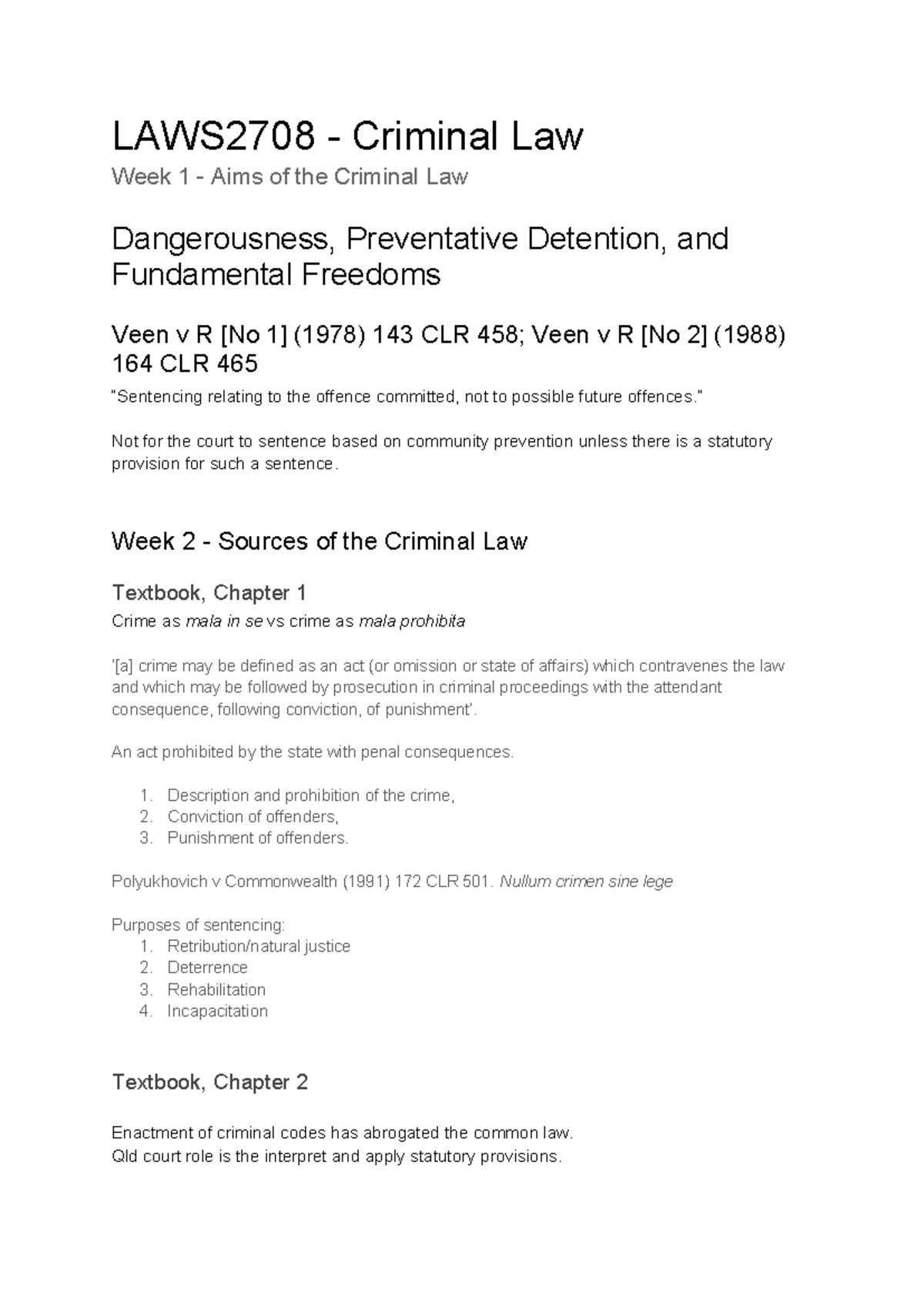 Lecture Notes Crim - LAWS2708 - Criminal Law Week 1 - Aims of the ...
