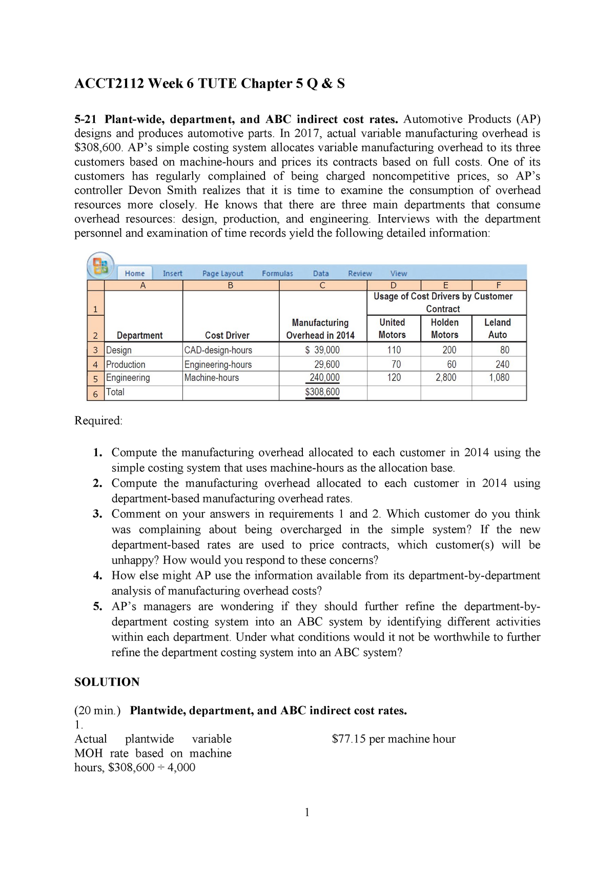 Week 6 TUTE Chapter 5 Solutions - ACCT2112 Week 6 TUTE Chapter 5 Q S ...