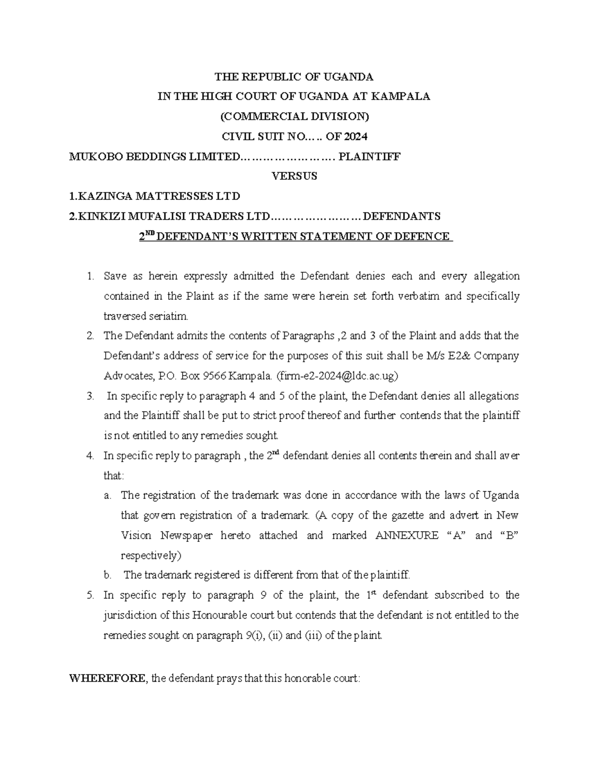 2nd defendant s written statement of defence alternative the republic