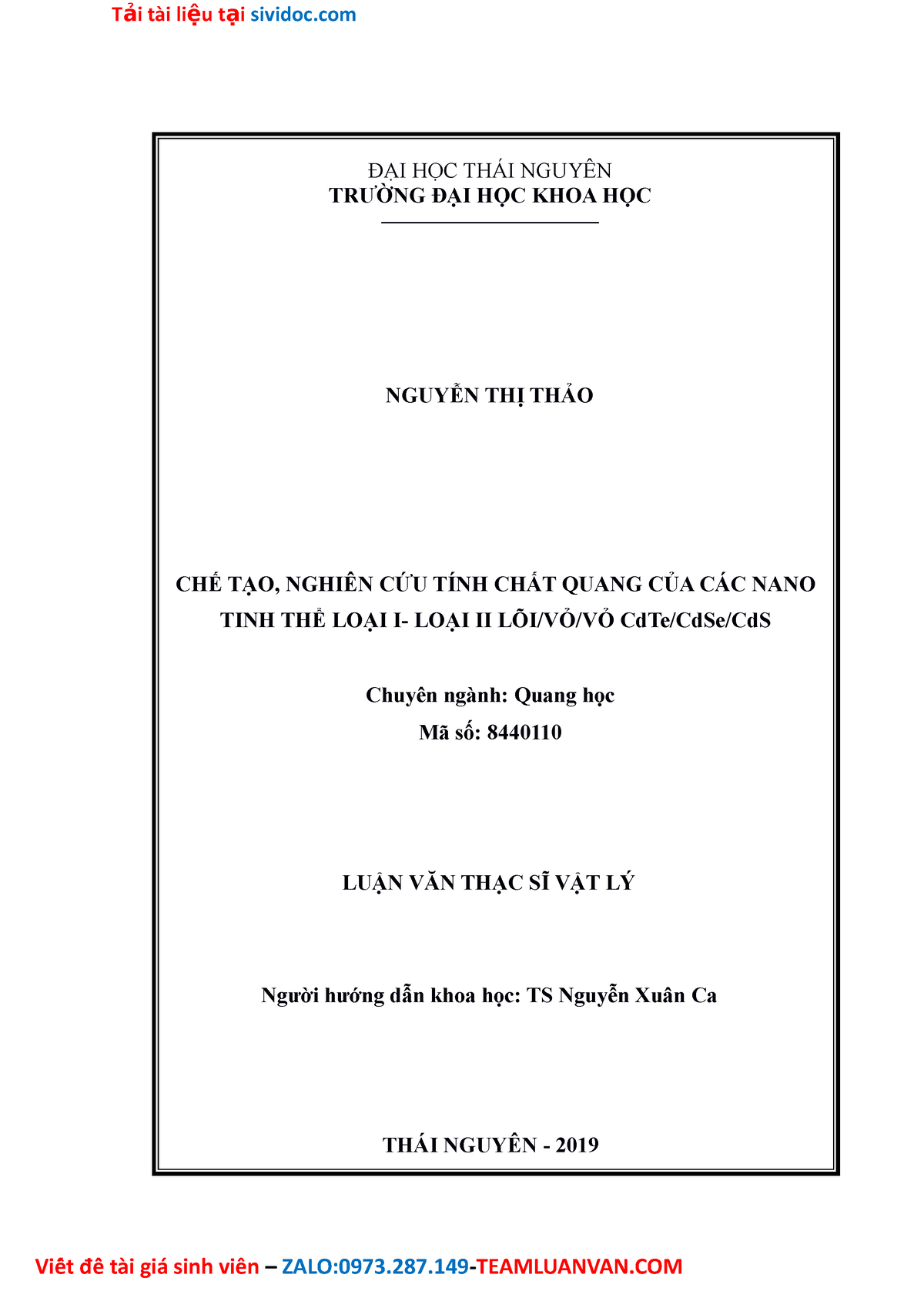Chế Tạo, Nghiên Cứu Tính Chất Quang Của Các Nano Tinh Thể Loại I- Loại ...