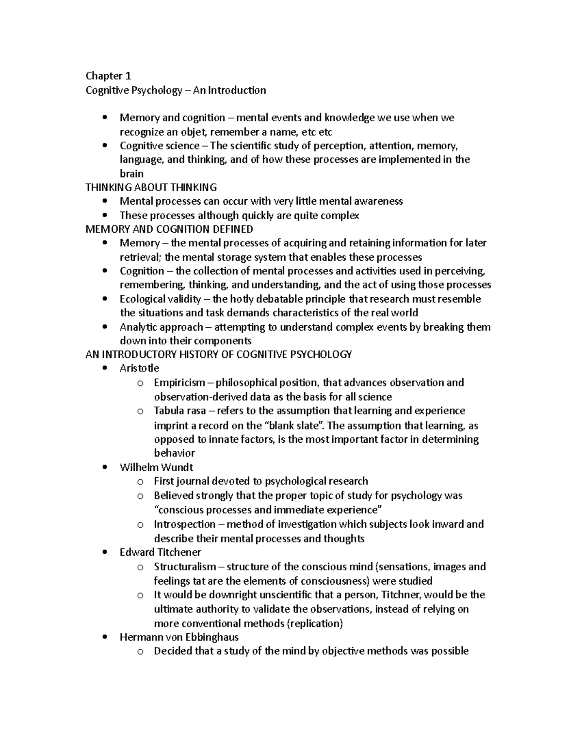 Summary - Chapter 1 - Cognitive Psychology – An Introduction - Chapter ...