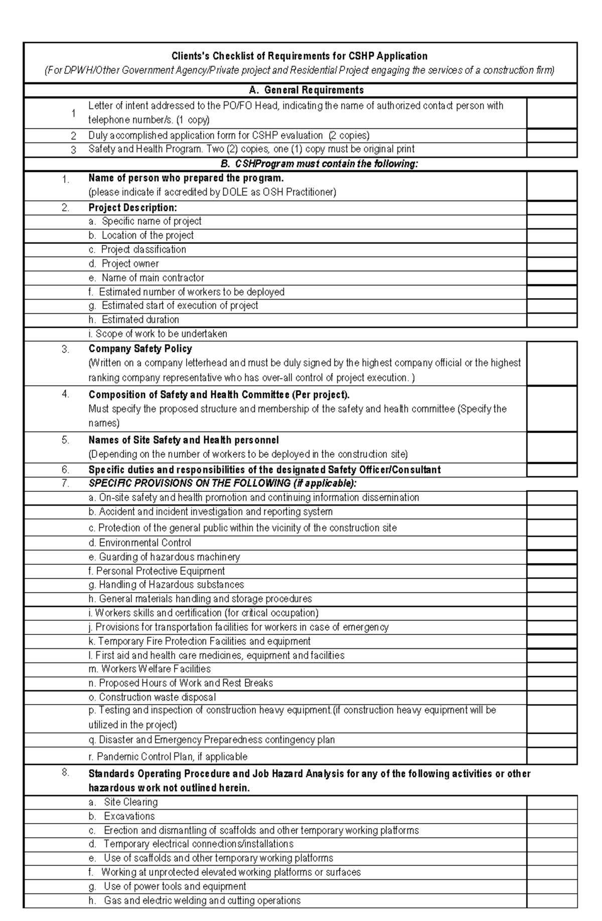 Client's CSHP Checklist - 1 Letter of intent addressed to the PO/FO ...