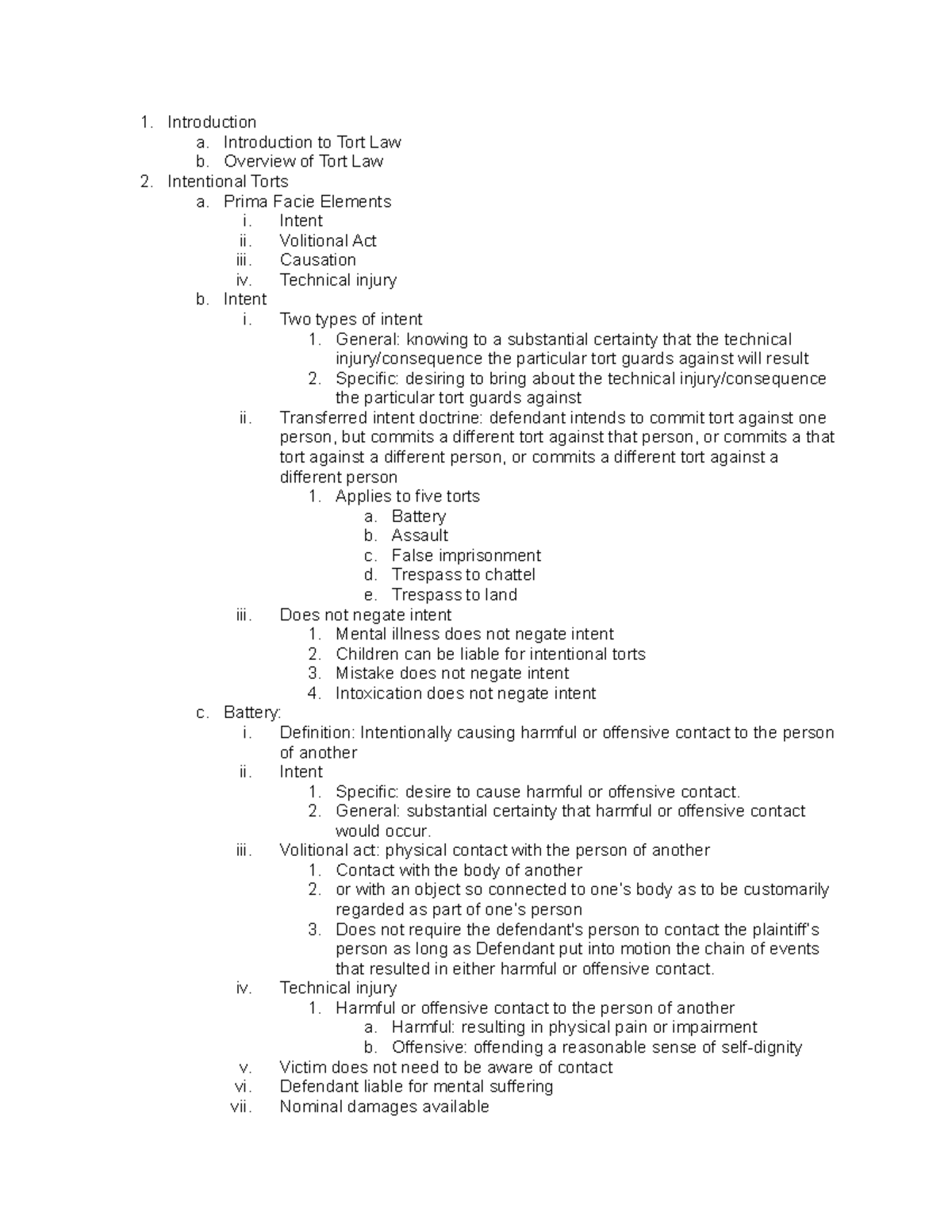 Torts outline - Duncan - Introduction a. Introduction to Tort Law b ...