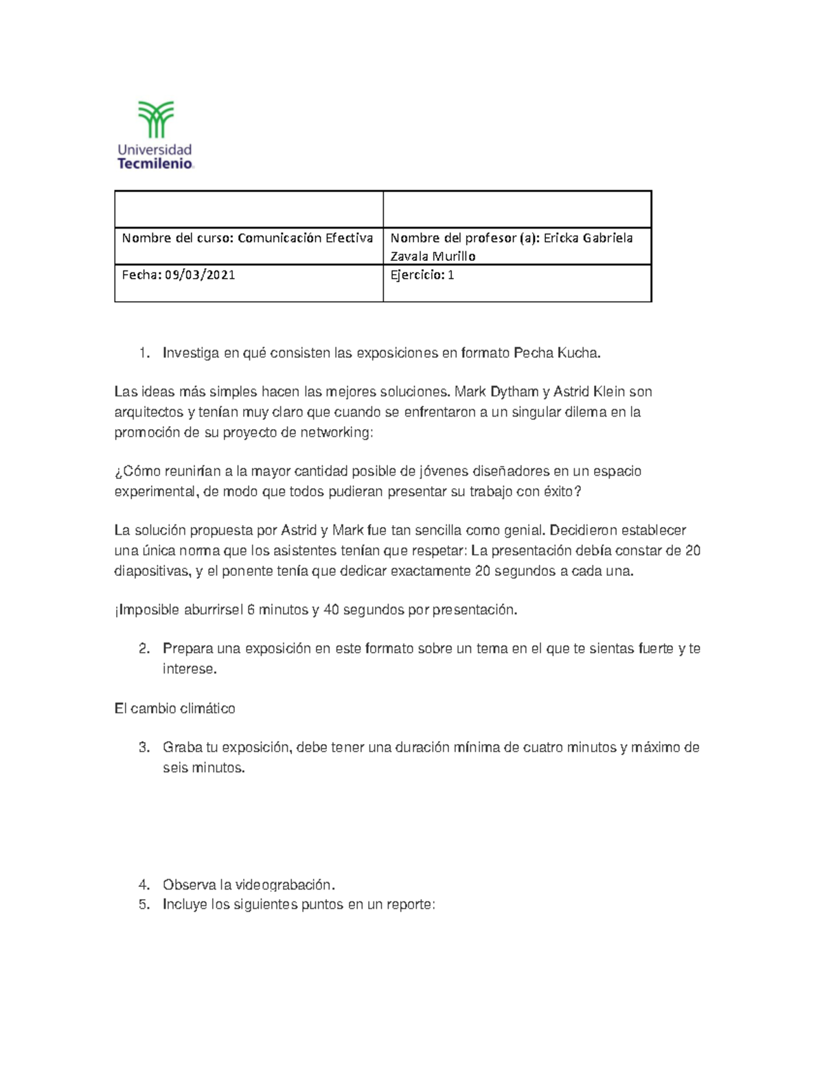 Ejercicio 1 Comunicación Efectiva - Nombre del curso: Comunicación ...