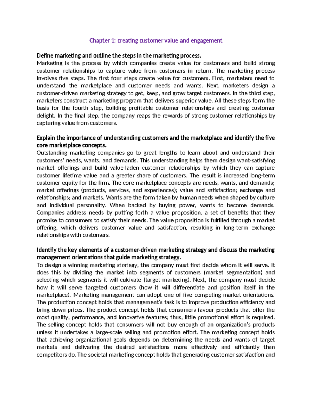 Chapter 1 - Chapter 1: creating customer value and engagement Define ...