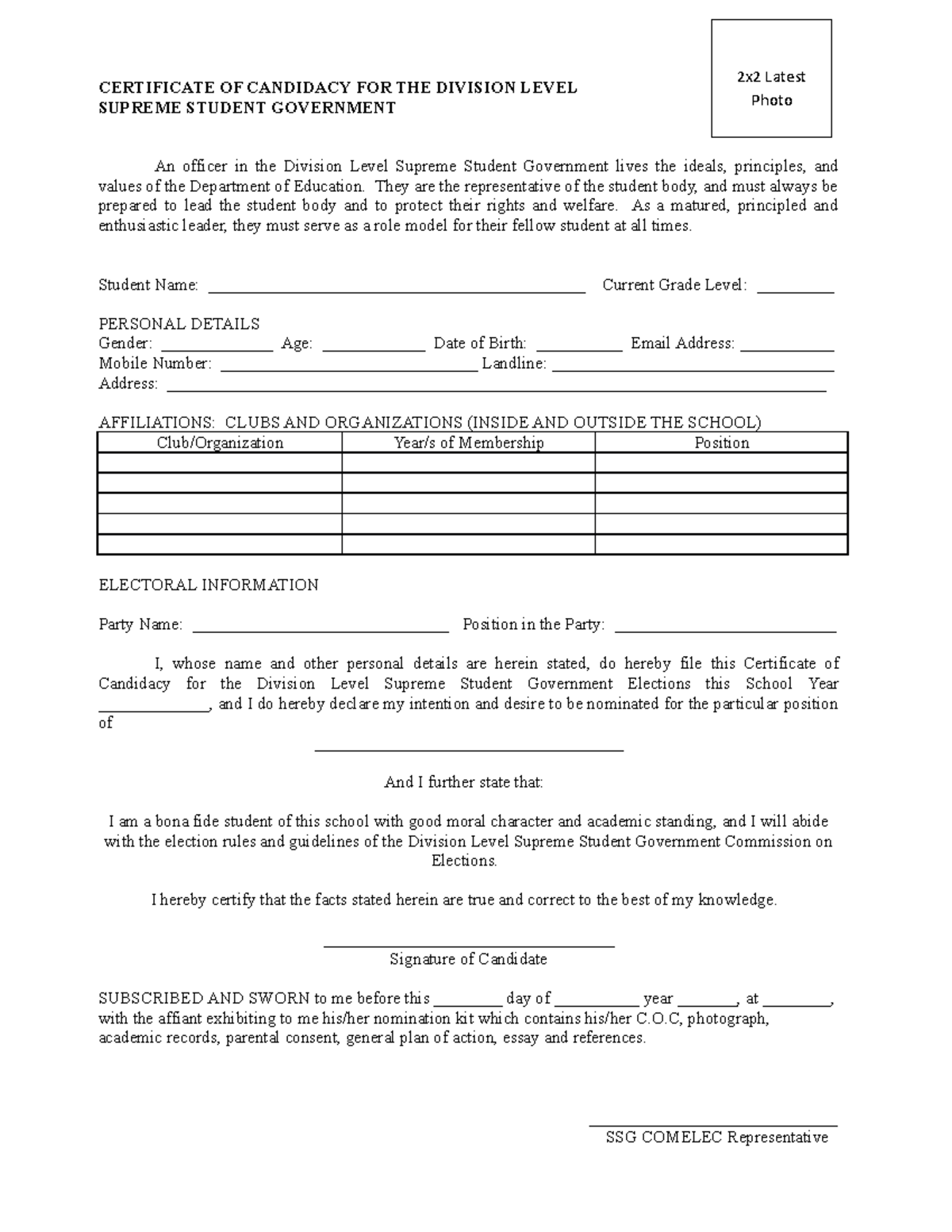 Certificate OF Candidacy FOR THE Supreme Student Government