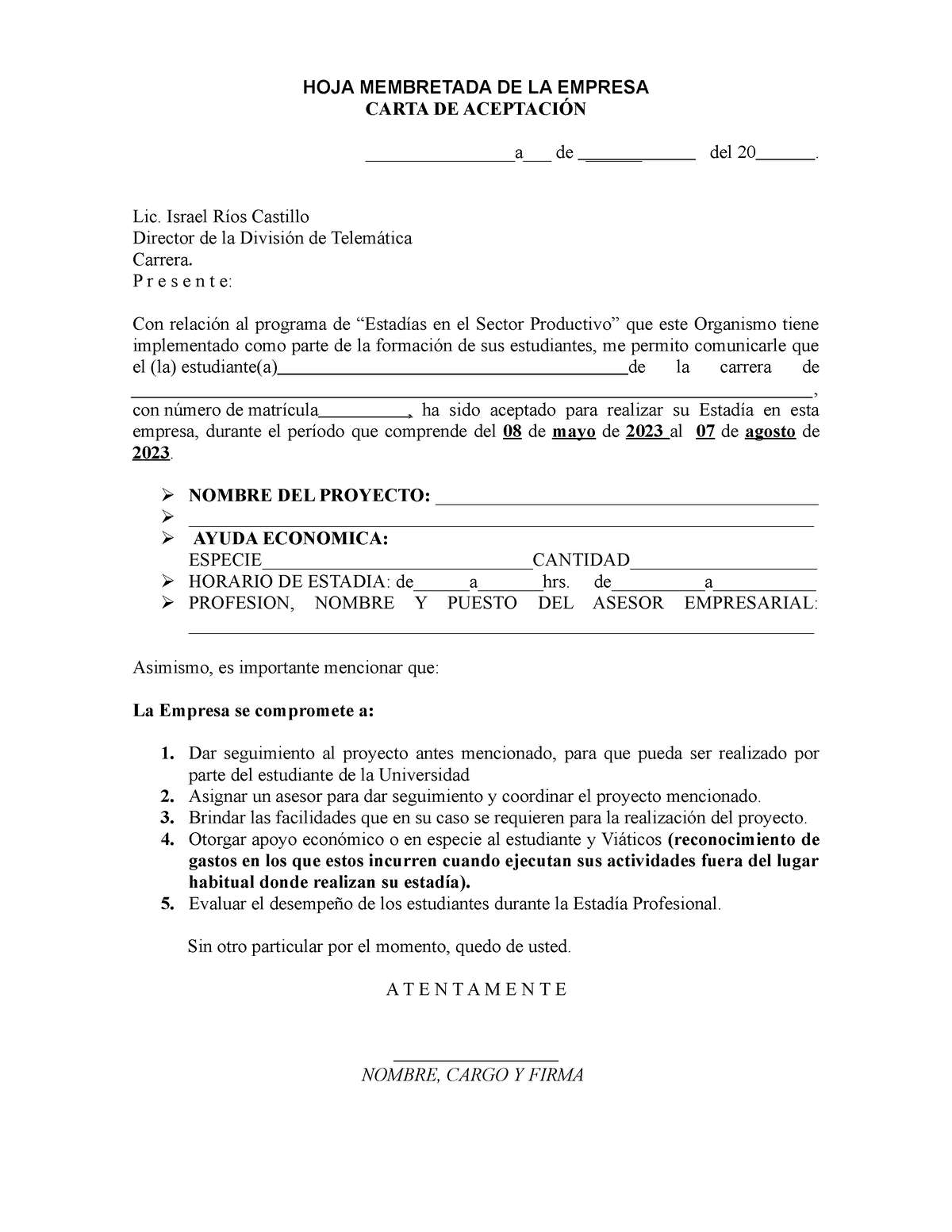 5 Carta De Aceptacion 2023 1 Hoja Membretada De La Empresa Carta De