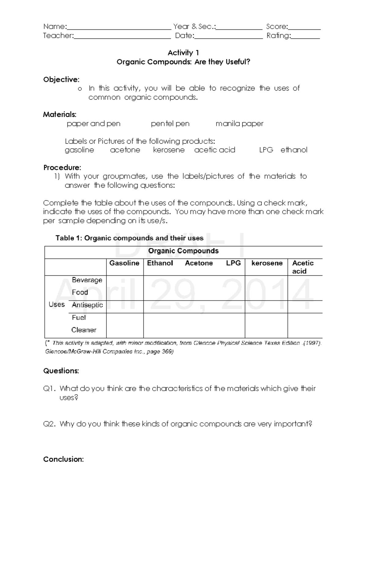 Organic compounds activities Teacher Date