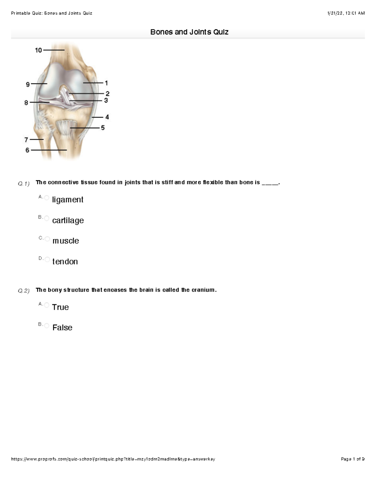 Bones and Joints Quiz This is a practice quiz to help you be