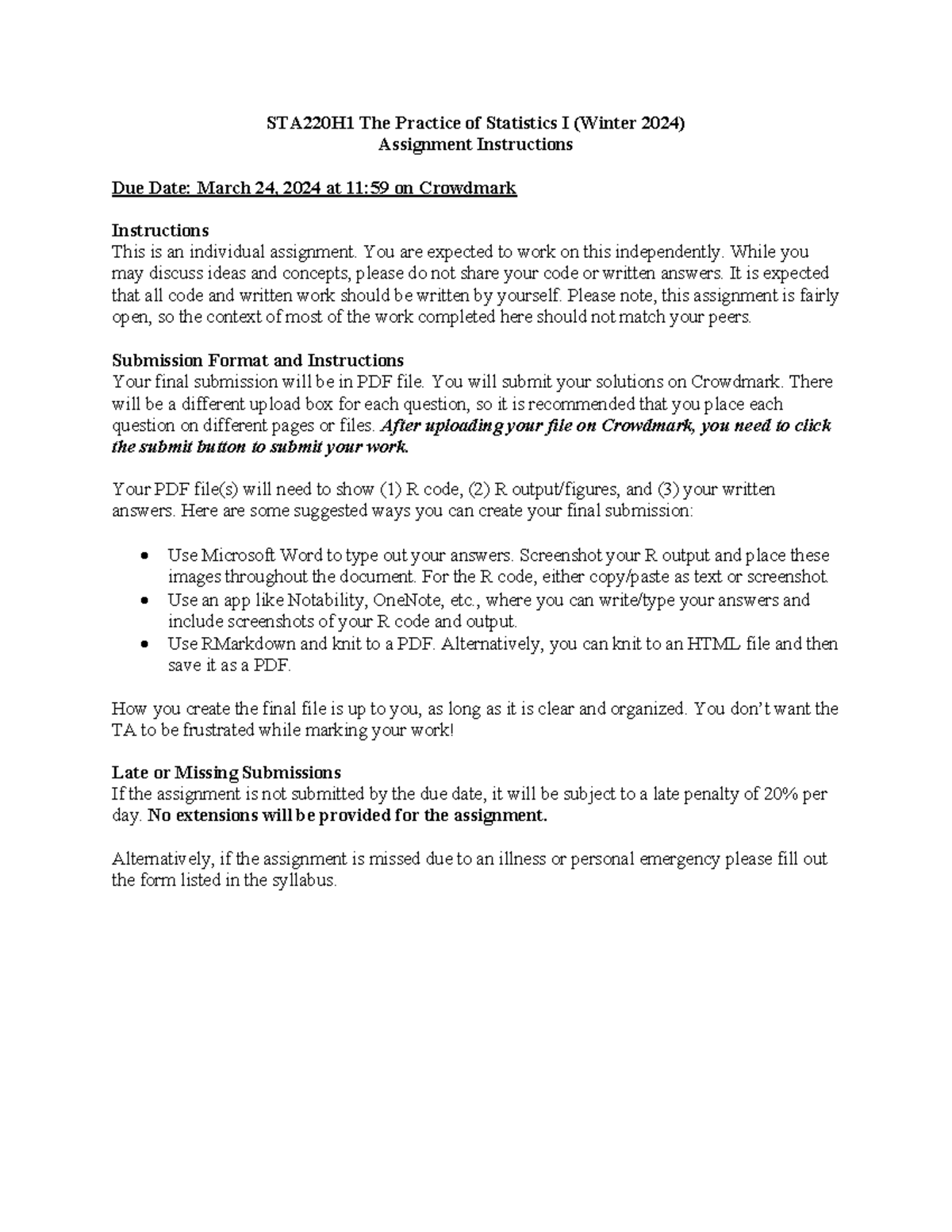STA220 Assignment Instructions - STA22 0 H1 The Practice of Statistics ...