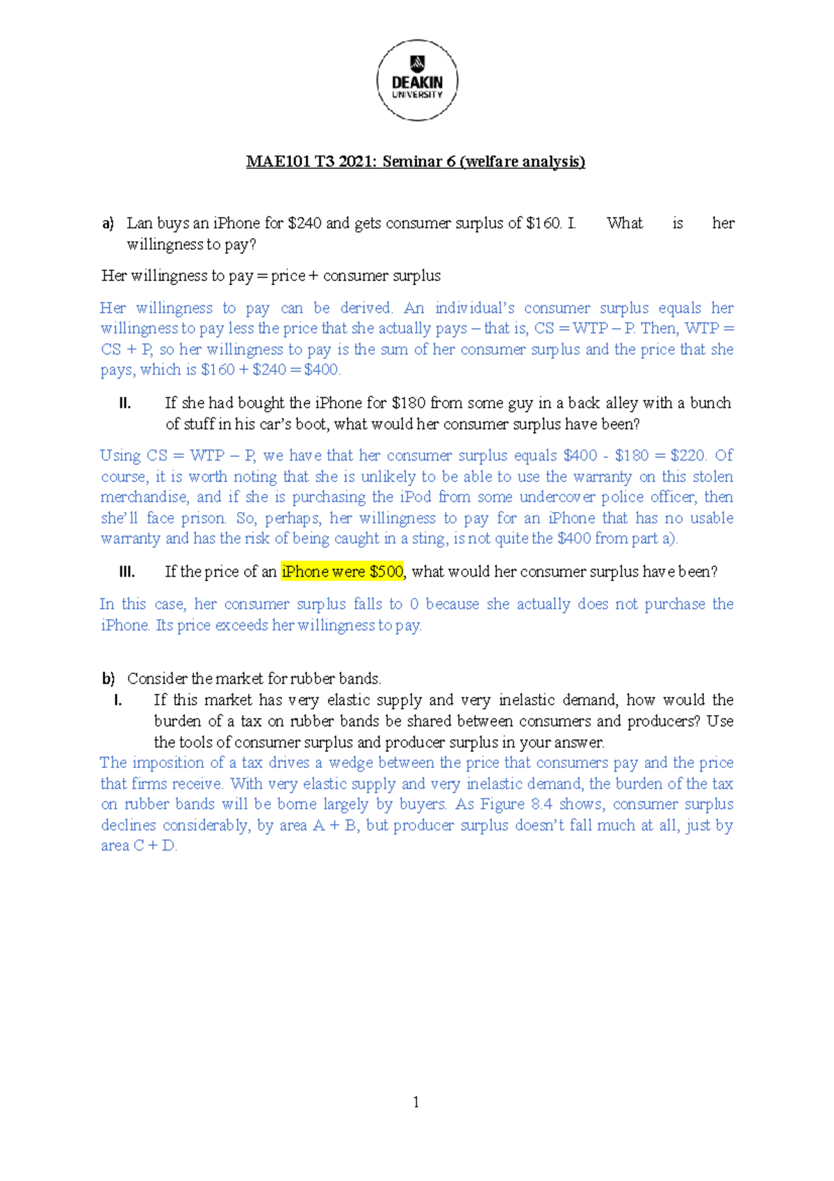 Seminar week 6 of MAE101 - MAE101 T3 2021: Seminar 6 (welfare analysis ...
