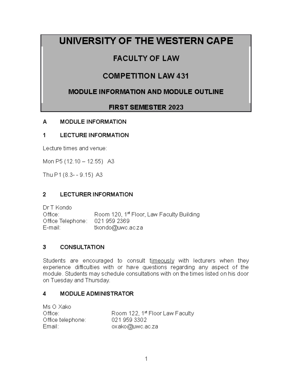 Competition+Law+431+Course+Outline+2022 2 - UNIVERSITY OF THE WESTERN ...