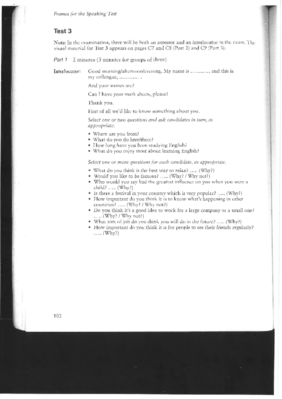 CAE Speaking frames test 3 - Frames for the Speaking Test Test 3 Note ...