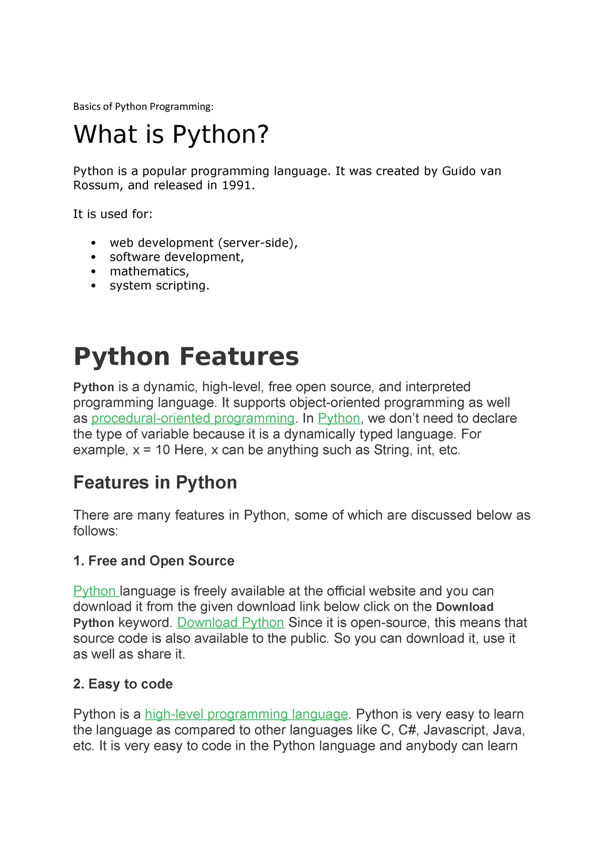 Python i Unit - Basics of Python Programming: What is Python? Python is ...