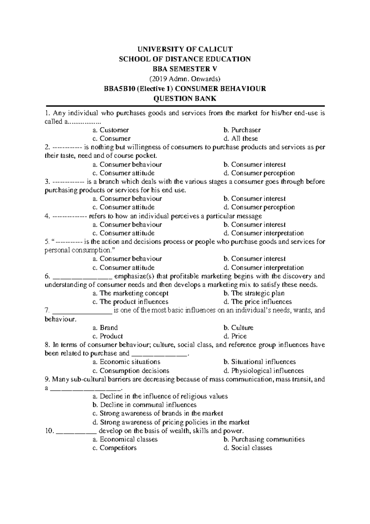 Consumer Behaviour 0 - Good pdf - UNIVERSITY OF CALICUT SCHOOL OF ...