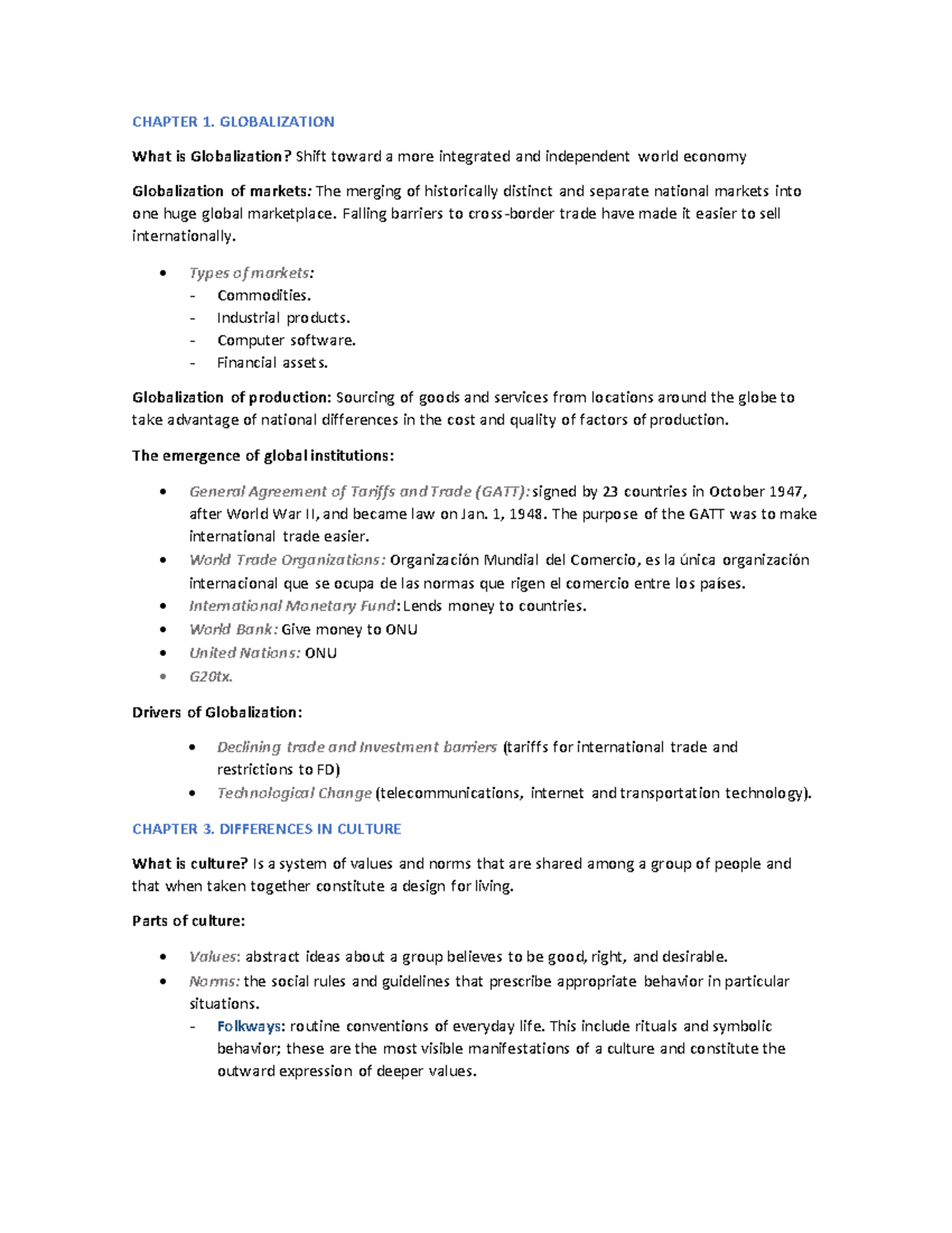 Resumen capitulos 1-7 - CHAPTER 1. GLOBALIZATION What is Globalization ...