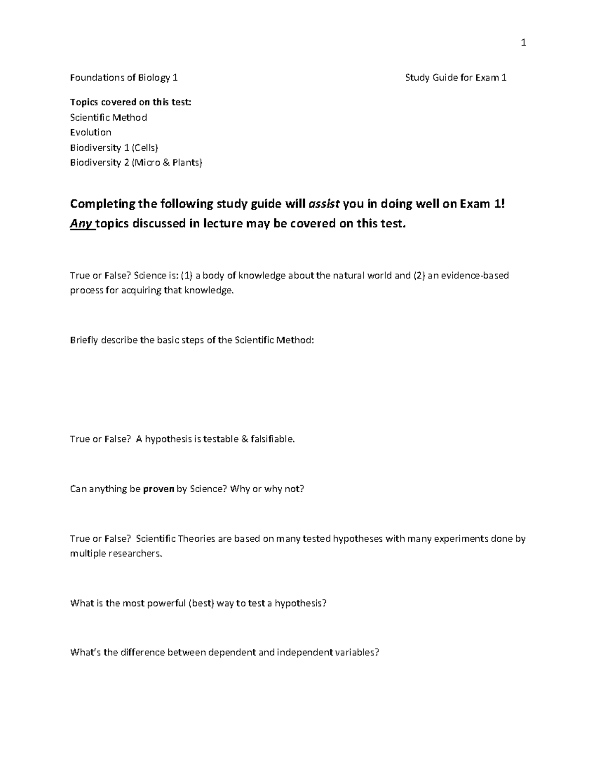 Bio1 Study Guide 1 Spring 2020 - Foundations of Biology 1 Study Guide ...
