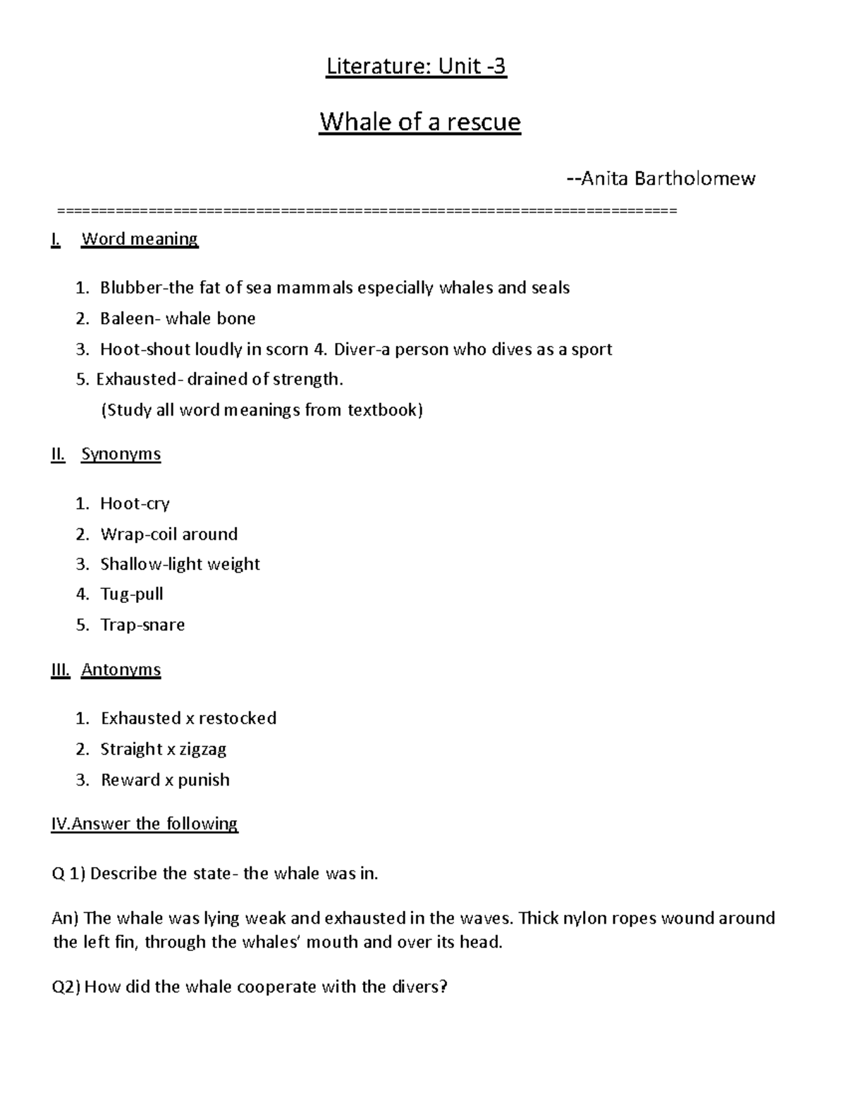 Literature note; Whale of a rescue PDF - Literature: Unit - Whale of a ...
