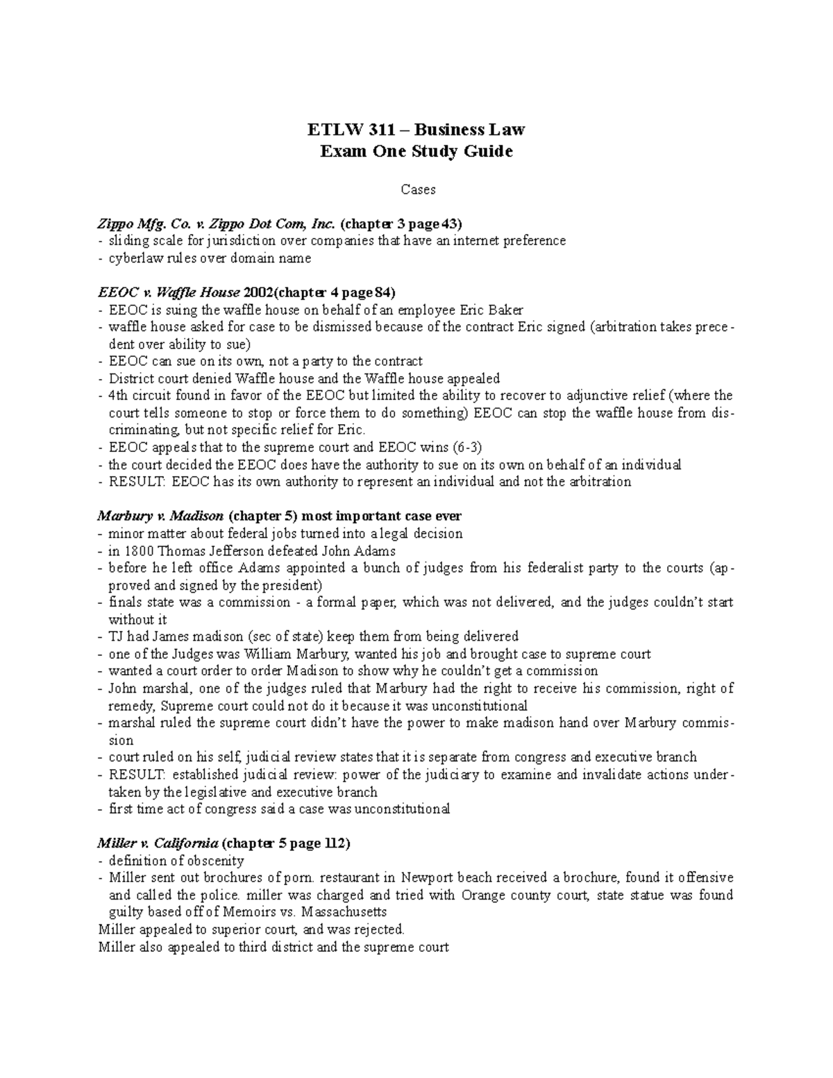 ETLW 311 - Exam One Study Guide (Fall 2020) - ETLW 311 – Business Law ...