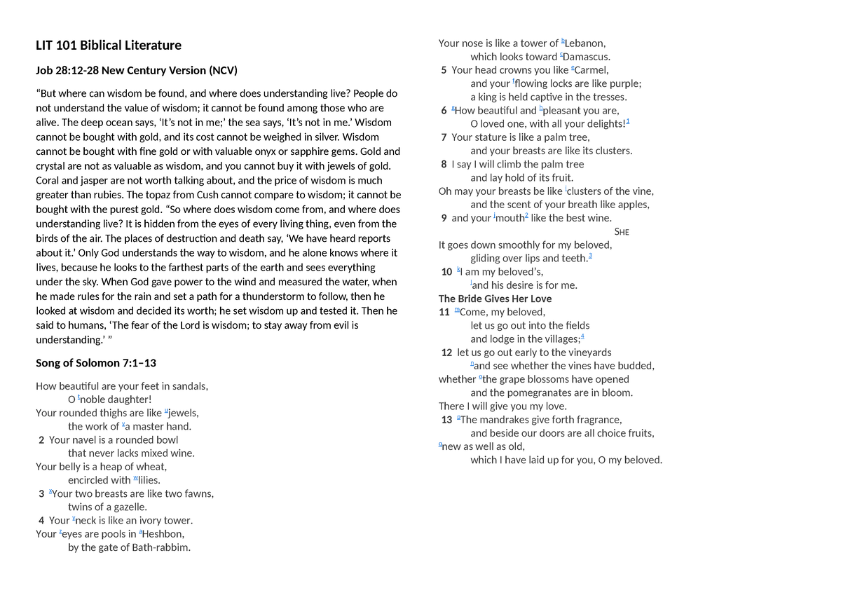 LIT-101-Biblical-Literature (1) - LIT 101 Biblical Literature Job 28:12 ...