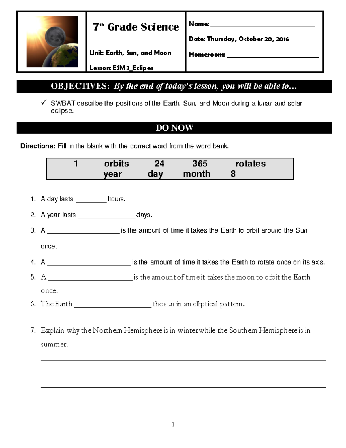 Eclipse Worksheet - Earth and Space Science - OBJECTIVES: By the end of ...