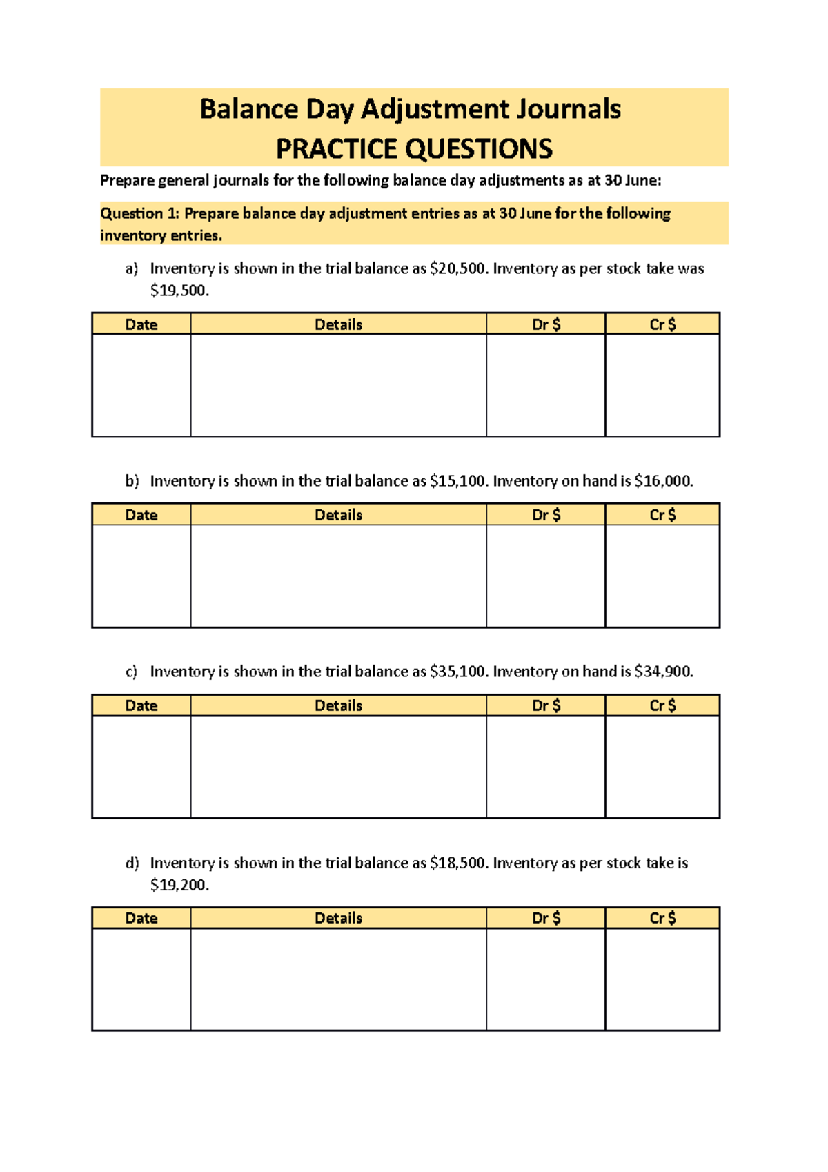 Balance Day Adjustment Journal Questions Balance Day Adjustment