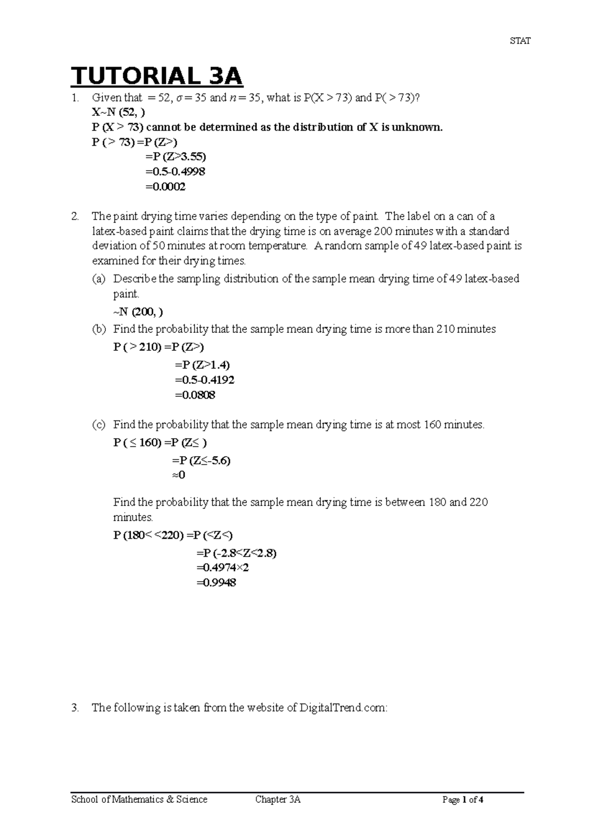 Bizstat tutorial 3A - Stat - TUTORIAL 3A 1. Given that = 52, σ = 35 and ...