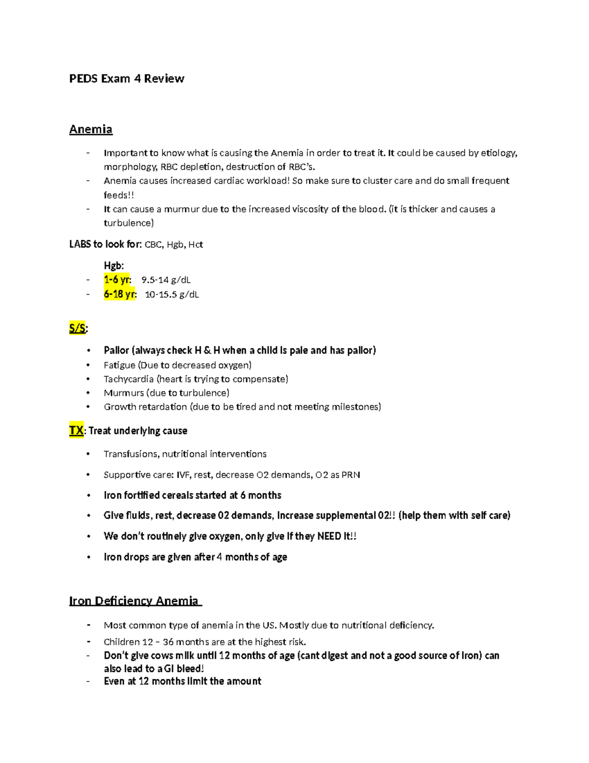 PEDS EXAM 4 Review - EXAM 4 NOTES - PEDS Exam 4 Review Anemia Important ...