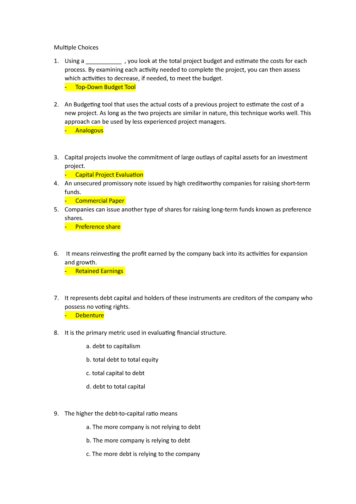 Multiple Choices and Enumeration quiz - Bachelor of Science in Business ...