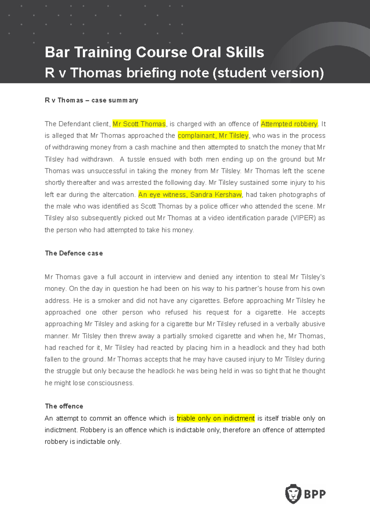 R v Thomas law briefing note student version - Bar Training Course Oral ...