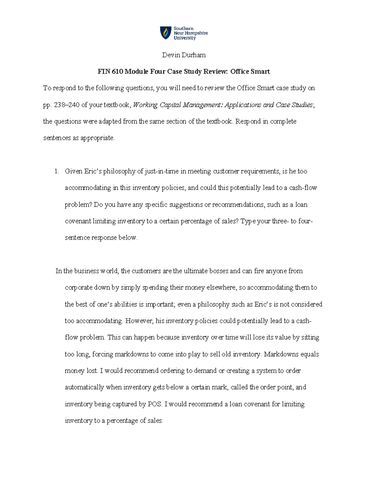 Module four case study Practice Devin Durham FIN 610 Module Four