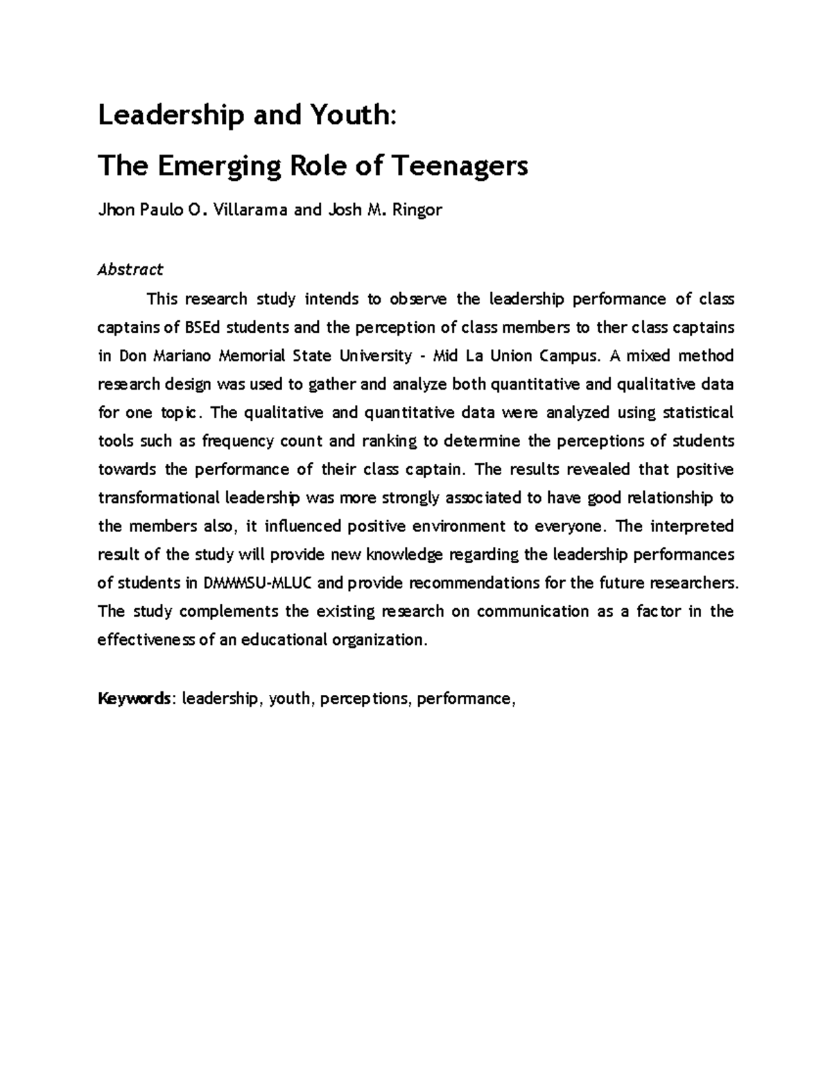 Villarama & Ringor Final Research Paper Defended - Leadership and Youth ...